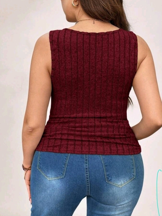 Tops - Plus Size Sleeveless Ribbed Tank Top - Burgundy